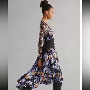 Anthropologie Black and Blue Floral Long Sleeve Dress